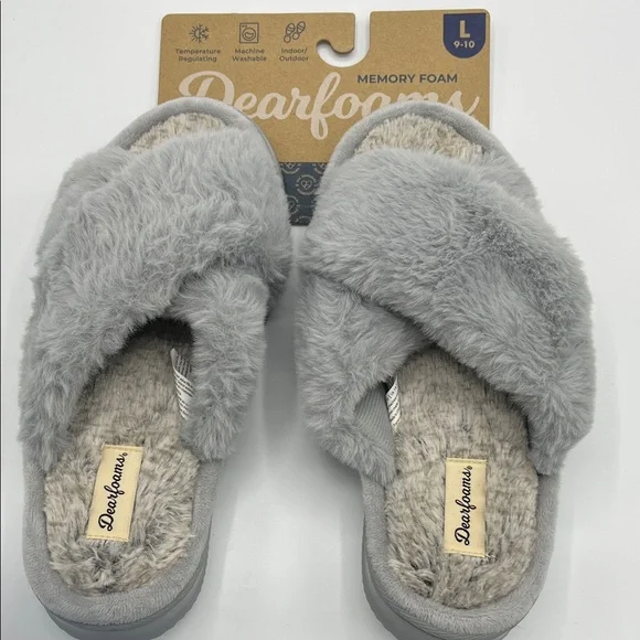 Dearfoams Soft Gray Plush Slippers - Picture 1 of 7